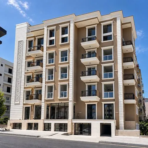 Pallat banimi me pilastra, korniza dritaresh, ballkone dhe panel dekorativ në fasadë